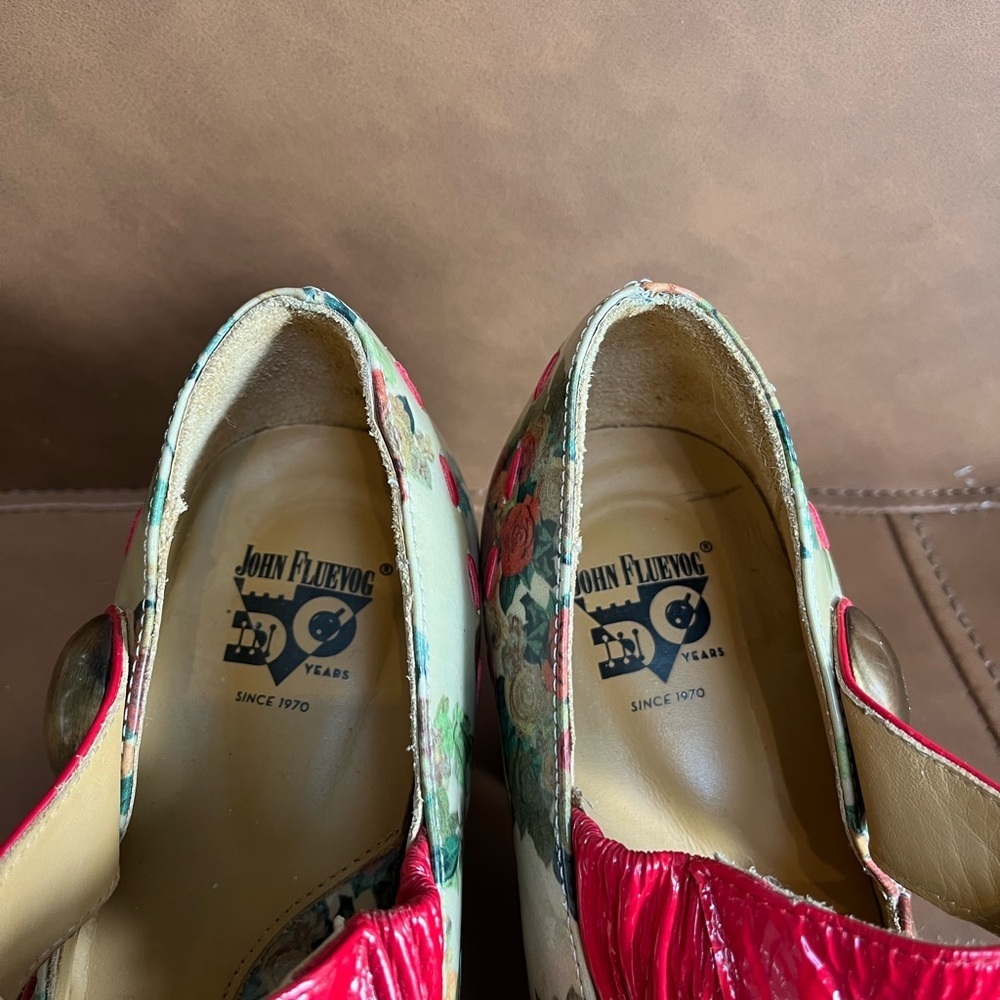 Fluevog Floral Mary Jane Heels with Red Strap - Picture 8 of 8